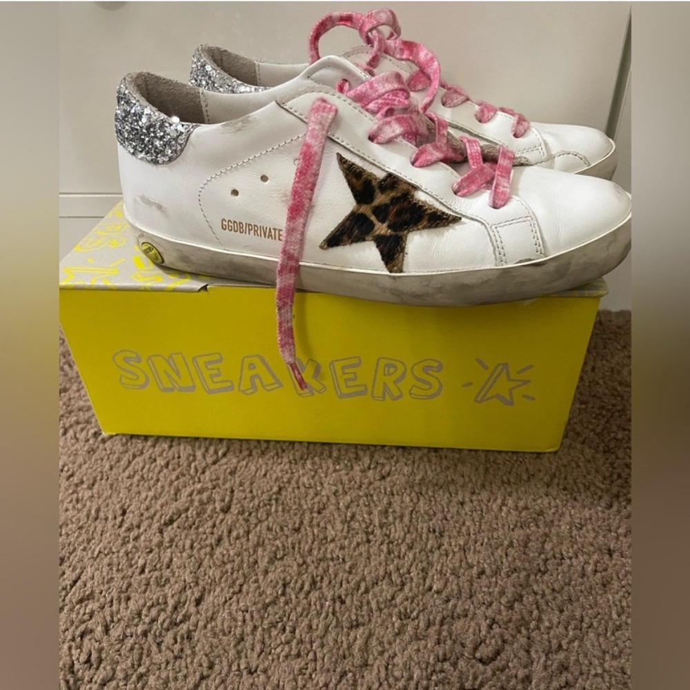 Golden Goose White and Pink Distressed Sneakers